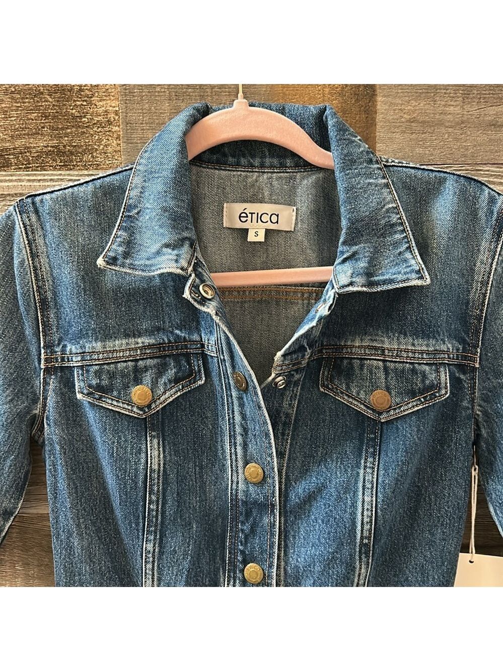 Etica Denim Snap Front 3/4 Sleeve Raw Hem Jordyn Trucker Jean Dress Size S NWT - Picture 5 of 13